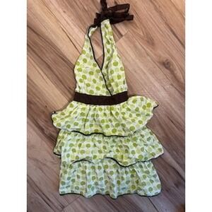 Simply Envogue Green Apple Print Ruffle Tiered Halter Apron Brown Trim‎ Southern